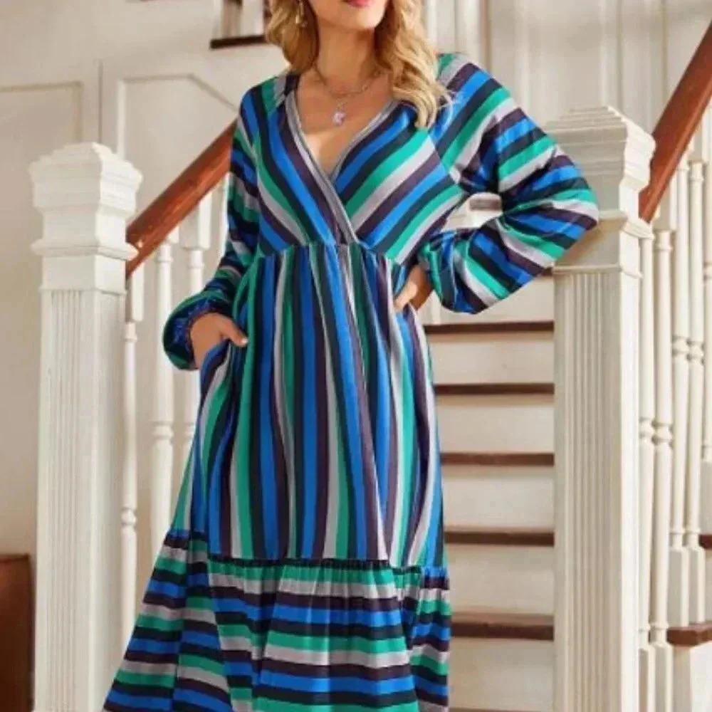 Suzanne Betro  | Blue & Green Stripe V-Neck Midi Dress - Plus Size - NWT